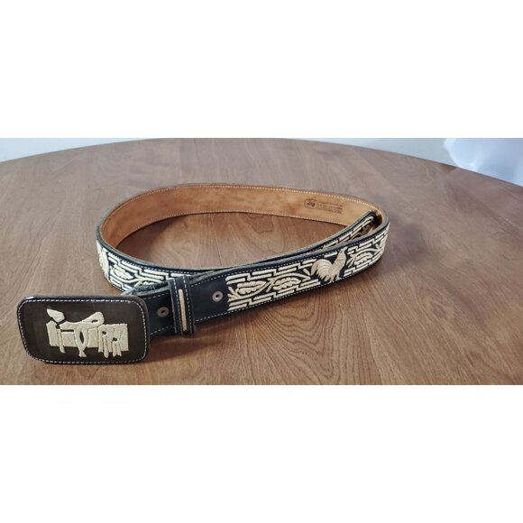 Handmade Mexican Leather Belt With Embroidered Rooster Design & Decorative Buckl - Picture 3 of 12
